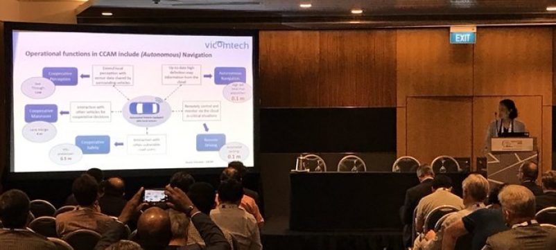 Oihana Otegui presenting VicomTech's views on cooperative perception and ADAS impact at the associated event about 5G and IoT at the ITS Singapore